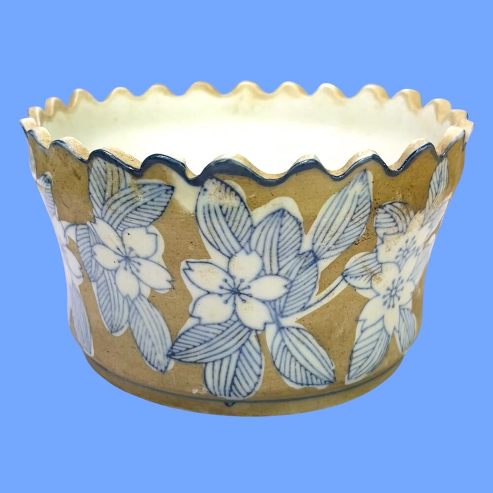 Vintage C.D. Ceramic Planter Bowl Blue White Floral Scalloped Rim 5.5"